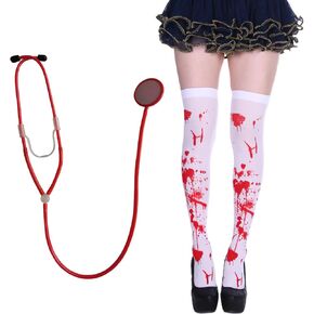 Halloween Stocking High Socks with Hospital Nurse Stethoscope Costume Accessory Knee High White Red Bloody Stockings Costume Hosiery for Women Halloween Party Doctor Nurse Cosplay Decor