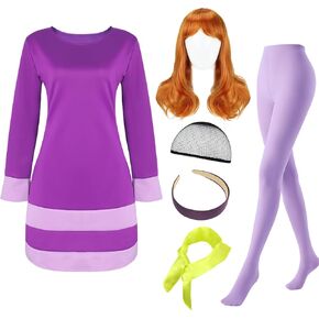 Daphne Costume Women Adult, Deluxe Halloween Costumes, Sexy Purple Dress With Headband, Wig, Scarf, Leggings
