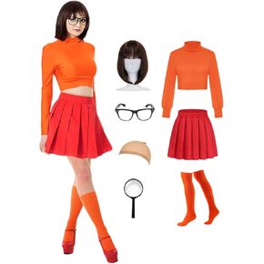 Women Velma Costume Sexy Adult Long Sleeve Orange Crop Top Red Mini Skirt Group Halloween Costumes Outfit Set