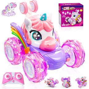 Unicorn Remote Control Car for Girls, 360° Rotating 4WD Stunt RC Cars with Cute Lights, Rechargeable Car Toys Birthday Gifts for Kids Girl Age 3 4-6 6-8