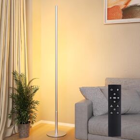 Marlrin Modern LED Corner Floor Lamp, Dimmable 2700K-6500K Sleek Light 57.8" Height Metal Standing Lamp,Minimalist Design with Remote Control for Living Room,Bedroom(Metal,Silver)
