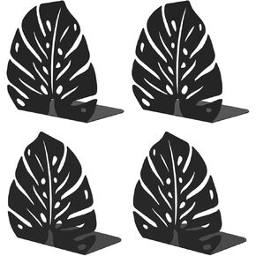 Decorative Bookends for Shelves, Sturdy Metal Book Ends for Heavy Books, Cute Monstera Design Non-Skid Book Stopper (2 Pairs, Black)