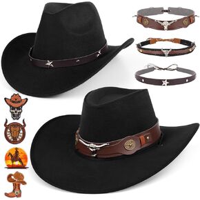 2 Pieces Western Cowboy Hat for Men Women Classic Fedora Hat with 3 Buckle Belt 4pcs