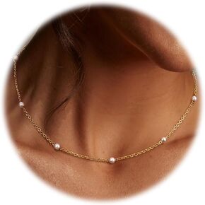 Pearl Necklace for Women,Dainty Silver/14K Gold Plated Necklace for Women Round White Imitation Pearls Simple Pearl Choker Cute Everyday Jewelry for Women Elegant Bridesmaid Wedding Jewelry