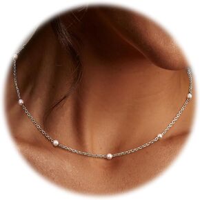 Pearl Necklace for Women,Dainty Silver/14K Gold Plated Necklace for Women Round White Imitation Pearls Simple Pearl Choker Cute Everyday Jewelry for Women Elegant Bridesmaid Wedding Jewelry