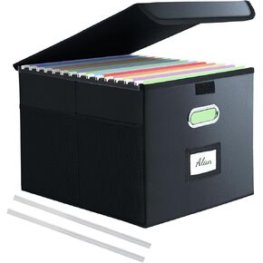File Organizer Box with Pocket,Faux Leather Hanging File Folder Box Organizer with Lid,Collapsible File Storage Box with Handle and Plastic Slides,Ideal for Office or Home 15.4x12.6x10.6 in,Black