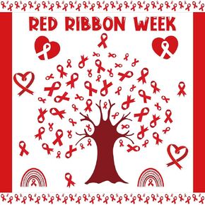 126Pcs Red Ribbon Drugs Awareness Bulletin Board Classroom Decoration Set, Red Ribbon Week Cutouts Say No to Drugs Poster School Classroom Charity Event Party Supplies Chalkboard Wall Decor