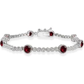 "Sterling Silver Genuine, Created or Simulated Gemstone & White Topaz Round Halo Tennis Bracelet"