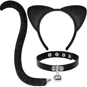 Cat Costume for Women, Black Cat Ears Headband and Tail Leather Bell Collar Set, Black Cat Costume Accessories for Adult Women Girls Halloween Cosplay Party Supplies