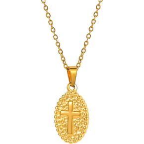 Jude Jewelers Stainless Steel Oval Shaped Christian Cross Hammered Finishing Pendant Necklace