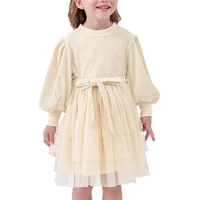 Toddler Girl Tulle Dress Puff Long Sleeves Tutu Dresses with Tie Belt for Princess Brithday Party 1-6T