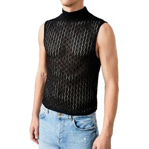 WDIRARA Men's Cut Out Contrast Mesh Rib Knit Tank Top Sleeveless Tops High Neck Party Shirt