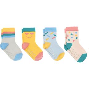 Ten Little Kids Organic Cotton Crew Socks, 4-Pack for Toddler Boys & Girls, Colorful with Non-Skid Grips