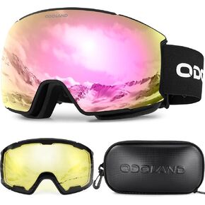 Odoland Magnetic Interchangeable Ski Goggles Set with 2 Lens, Anti-Fog UV Protection Snowboard Snow Goggles for Men Women