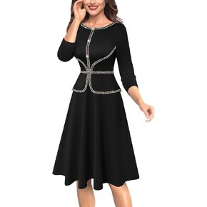 VFSHOW Womens 2024 Fall Work Business Office Dresses Tweed Crew Neck Buttons Slimming Peplum Fit and Flare A Line Dress