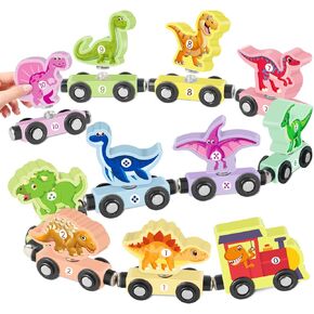Wooden Train Set for Toddlers 3-5 Boys Girls Kid Birthday Gift 11PCS Magnetic Dinosaur Number Train Toy Educational Game 4-8 Year Old Children Holiday