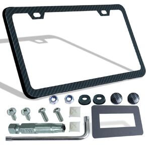 Carbon Fiber License Plate Frame, Upgraded 1.5mm Thickness, 100% Real Carbon Fiber Cloth Wrap Black Aluminum Plate, 2 Holes Slim Edge, Stainless Steel Anti-Theft Screws, Crash Pad, 1 Pack