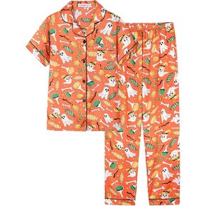 Orange Ghosts Halloween Satin Pajamas for Big Girls Silk Button Down Short Sleeve & Pants PJS 2PCS Size 8-16