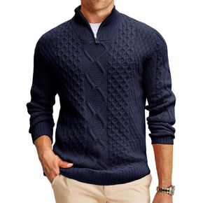 Runcati Mens Quarter Zip Pullover Sweater Cable Knit Stand Collar Casual Long Sleeve Polo Sweater