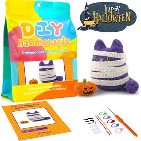 Halloween Crochet Kit for Beginners, Cat & Halloween Pumpkin Crochet Kit Step-by-Step Pattern Tutorials, Crochet DIY Knitting Kit for Adults Kids Complete Kit Included
