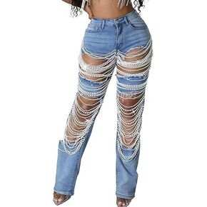NRTHYE Womens High Waist Ripped Jeans Sexy Pearl Chains Rhinestones Straight Leg Stretch Distressed Denim Pants