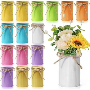 16 Pcs Rustic Galvanized Metal Vase with Twine Bow, Vintage Bud Vase Bulk for Artificial Flower, Small Cylinder Vase Set for Table Centerpiece Wedding Home Decoration Farmhouse Décor (Multicolor)