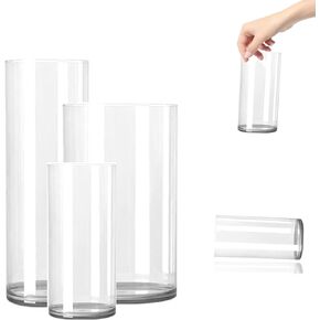 3 Large Acrylic Clear Cylinder Vase Set, Unbreakable Plastic Hurricane Vases，Different Size Vases for Living Room, Desk, Wedding Centerpieces Flower Bouquet Décor