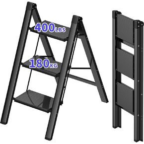 JOISCOPE 3 Step Aluminum Ladder,Lightweight Folding Step Stools for Adults with Wide Anti-Slip Pedal,400 lbs Capacity Portable Sturdy Ladder,Multi Use Ladder for Home Kitchen Office,Space Saving,White