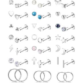 REVOLIA 21Pairs 20G Threadless Cartilage Earrings Set Surgical Steel Push in Earrings for Women Men Hypoallergenic Flat Back Earrings Huggie Hoop Earrings Heart Star Pearl Stud Earrings for Multiple Piercing 6/8mm