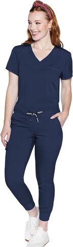 طقم تنظيف نسائي من Med Couture مع توب مقشر برقبة على شكل حرف V MC7448 وسروال مطاطي في اتجاهين 7710، كحلي - بلوزة L/بنطال صغير صغير in Saudi Arabia