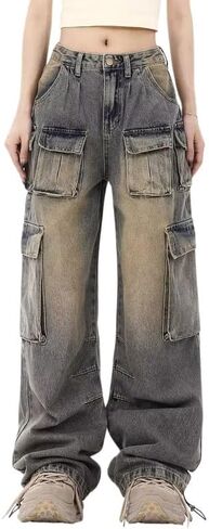 سراويل البضائع النسائية منخفضة الخصر الجينز الفضفاضة Y2K جيب واسعة الساق ملابس غير رسمية عصرية ملابس الشارع الشهير الجرونج ايمو in Kuwait