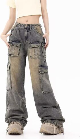 سراويل البضائع النسائية منخفضة الخصر الجينز الفضفاضة Y2K جيب واسعة الساق ملابس غير رسمية عصرية ملابس الشارع الشهير الجرونج ايمو in Kuwait