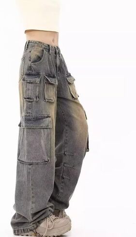 سراويل البضائع النسائية منخفضة الخصر الجينز الفضفاضة Y2K جيب واسعة الساق ملابس غير رسمية عصرية ملابس الشارع الشهير الجرونج ايمو in Kuwait