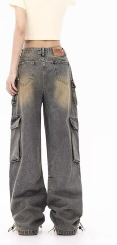 سراويل البضائع النسائية منخفضة الخصر الجينز الفضفاضة Y2K جيب واسعة الساق ملابس غير رسمية عصرية ملابس الشارع الشهير الجرونج ايمو in Kuwait