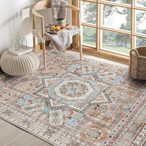 DCX 5x7 Washable Rug, Soft Machine Washable Non Slip with Rubber Backing Vintage Rug, Kid & Pet Friendly Living Room Area Rugs 5x7, Foldable 5x7 Rugs for Bedroom Dining Room Bathroom-Brown in Saudi Arabia