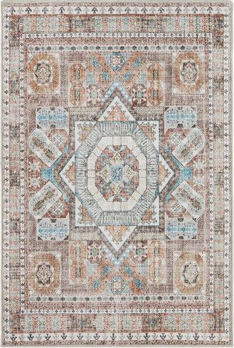 DCX 5x7 Washable Rug, Soft Machine Washable Non Slip with Rubber Backing Vintage Rug, Kid & Pet Friendly Living Room Area Rugs 5x7, Foldable 5x7 Rugs for Bedroom Dining Room Bathroom-Brown in Saudi Arabia