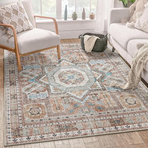 DCX 5x7 Washable Rug, Soft Machine Washable Non Slip with Rubber Backing Vintage Rug, Kid & Pet Friendly Living Room Area Rugs 5x7, Foldable 5x7 Rugs for Bedroom Dining Room Bathroom-Brown in Saudi Arabia