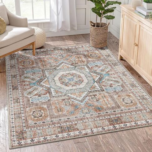 DCX 5x7 Washable Rug, Soft Machine Washable Non Slip with Rubber Backing Vintage Rug, Kid & Pet Friendly Living Room Area Rugs 5x7, Foldable 5x7 Rugs for Bedroom Dining Room Bathroom-Brown in Saudi Arabia