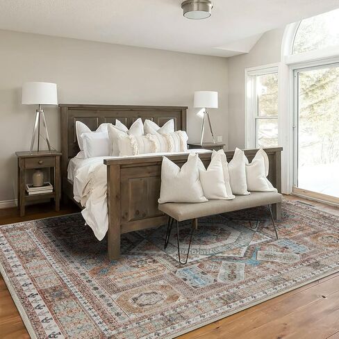 DCX 5x7 Washable Rug, Soft Machine Washable Non Slip with Rubber Backing Vintage Rug, Kid & Pet Friendly Living Room Area Rugs 5x7, Foldable 5x7 Rugs for Bedroom Dining Room Bathroom-Brown in Saudi Arabia