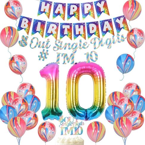 JOYMEMO 10th Birthday Decorations Blue, Peace Out Single Digits Tenth Birthday Party Supplies with Hanging Swirls & Paper Glitter Banner Cake Topper Double Digits Birthday Decor in Kuwait