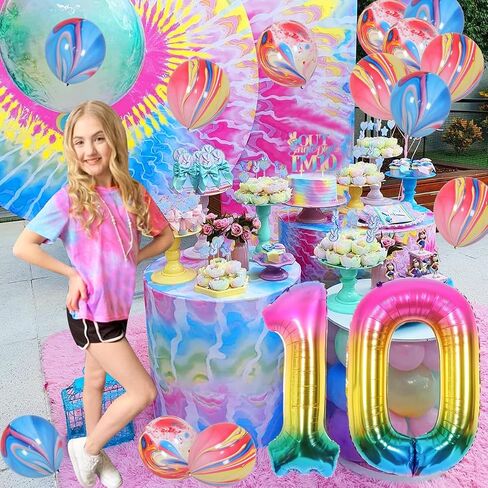JOYMEMO 10th Birthday Decorations Blue, Peace Out Single Digits Tenth Birthday Party Supplies with Hanging Swirls & Paper Glitter Banner Cake Topper Double Digits Birthday Decor in Kuwait