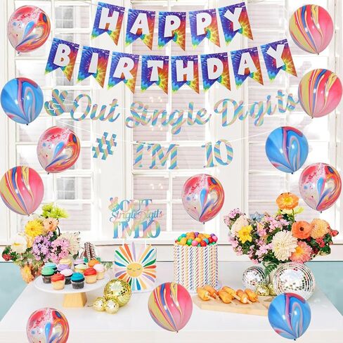 JOYMEMO 10th Birthday Decorations Blue, Peace Out Single Digits Tenth Birthday Party Supplies with Hanging Swirls & Paper Glitter Banner Cake Topper Double Digits Birthday Decor in Kuwait