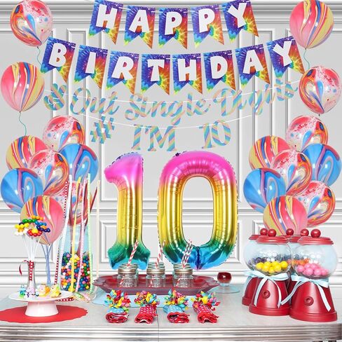 JOYMEMO 10th Birthday Decorations Blue, Peace Out Single Digits Tenth Birthday Party Supplies with Hanging Swirls & Paper Glitter Banner Cake Topper Double Digits Birthday Decor in Kuwait