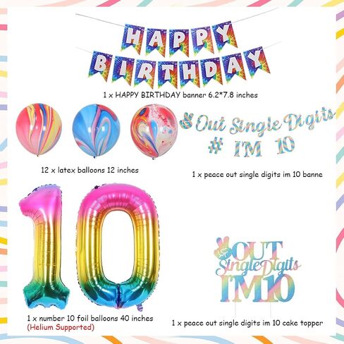 JOYMEMO 10th Birthday Decorations Blue, Peace Out Single Digits Tenth Birthday Party Supplies with Hanging Swirls & Paper Glitter Banner Cake Topper Double Digits Birthday Decor in Kuwait