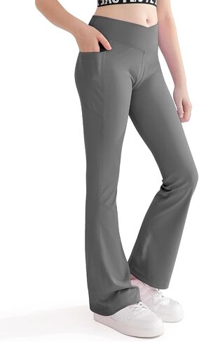Girls Flare Leggings Cross High Waisted Yoga Dance Pants Kids Bell Bottom Pants with Pockets 5-13 Years in Kuwait