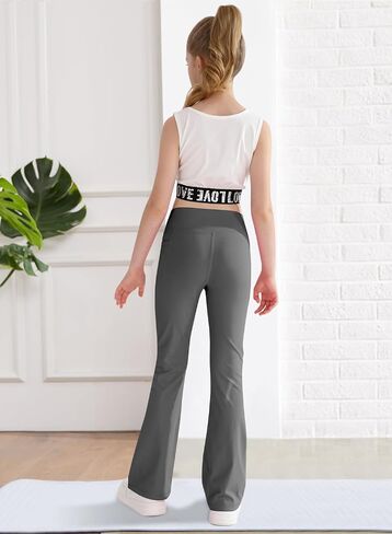 Girls Flare Leggings Cross High Waisted Yoga Dance Pants Kids Bell Bottom Pants with Pockets 5-13 Years in Kuwait