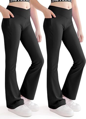 Girls Flare Leggings Cross High Waisted Yoga Dance Pants Kids Bell Bottom Pants with Pockets 5-13 Years in Kuwait