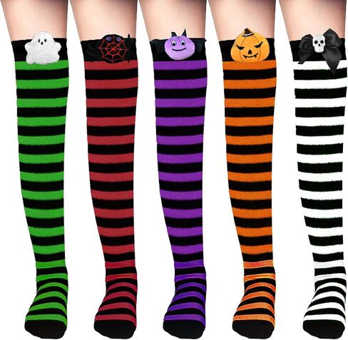 5 Pairs Halloween Thigh High Socks for Women, Striped High Knee Socks, Over the Knee Long Socks, Elf Socks Witch Socks for Halloween Cosplay Party in Saudi Arabia