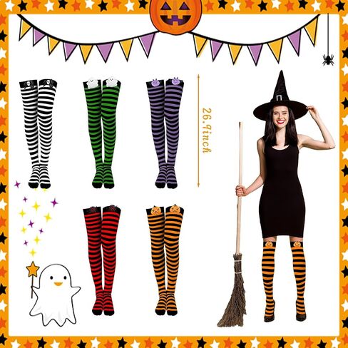 5 Pairs Halloween Thigh High Socks for Women, Striped High Knee Socks, Over the Knee Long Socks, Elf Socks Witch Socks for Halloween Cosplay Party in Saudi Arabia