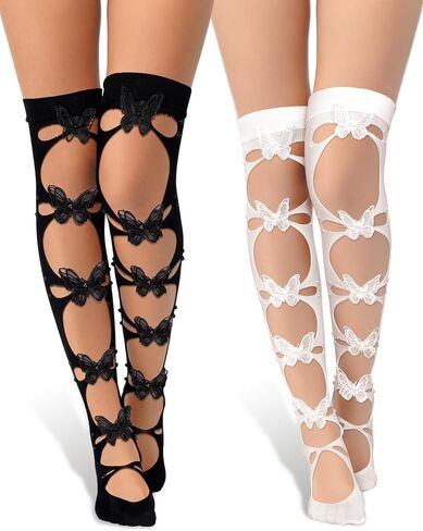 Geyoga 2 Pairs Women Lace Bows Lolita Socks Gothic Harajuku Cute Knee High Socks Cut out Kawaii Goth Stockings in Saudi Arabia